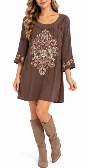 Real Brown Embroidered Boho Tunic Dress Size L Paisley 3/4 Sleeve thumbnail 1