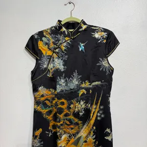Vintage Style Black Satin Cheongsam Bird Print Midi Dress Sz M thumbnail 3