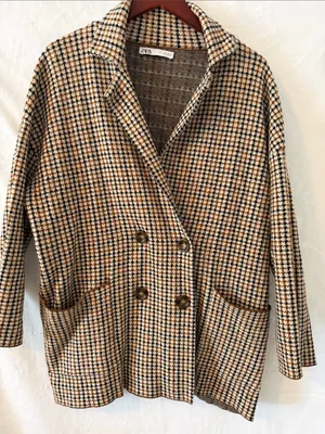 Zara Tan, Black and Cream Houndstooth Double-Breasted Pea Coat thumbnail 4