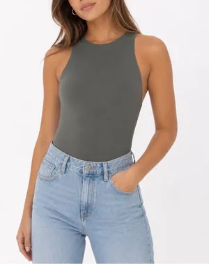 Zara Womens Racerback High Neck Sleeveless Bodysuit Olive Green Size M thumbnail 1