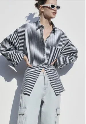 Zara Blue and White Striped Poplin Button Down thumbnail 1