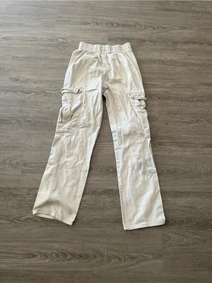 RSQ Wide Leg Baggy Pants Womens Medium Ecru Cargo Elastic Waist Cotton Utility thumbnail 8