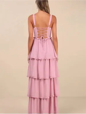Lulus Pink Bustier Lace-Up Maxi Dress NEW NWT event tiered homecoming thumbnail 2