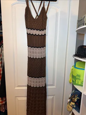 Torn by Ronny Kobo Brown Crochet‎ Maxi Dress with Cream Panels M NWT thumbnail 2