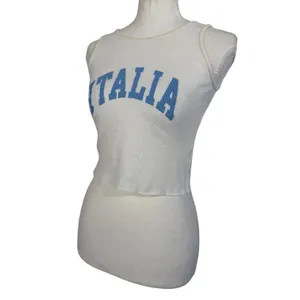 Italia Ribbed Crop Tank Top Womens One Size Cream Blue Graphic Made in Italy Y2K thumbnail 8