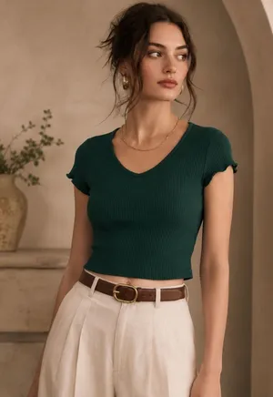Green Ribbed Short Sleeve V Neck Crop T-Shirt Top Size Small thumbnail 1