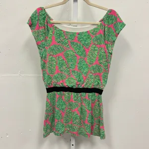 Lilly Pulitzer Pink‎ Green Palm Leaf Print Tunic Top Small Tropical Boat Neck thumbnail 2