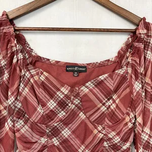 Almost Famous Womens Plaid Mesh Corset Top M Ruched Milkmaid Y2K Grunge Coquette thumbnail 3