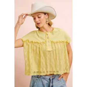 BiBi Solid Jersey With Lace Combo Ruffled Buttoned Top thumbnail 8