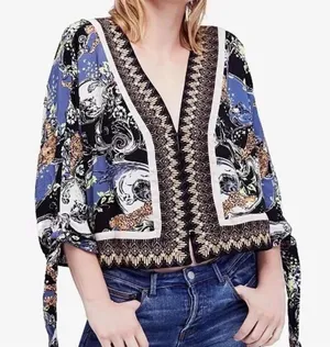 Free People Catch Me if You Can Tie Sleeve Geometric Cheetah Print Top M thumbnail 1
