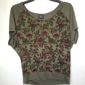 Faded Glory Olive and Burgundy Floral Blouse thumbnail 1