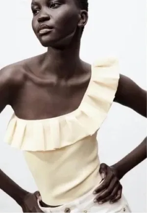 Zara Cream One-Shoulder Ruffle Top thumbnail 1