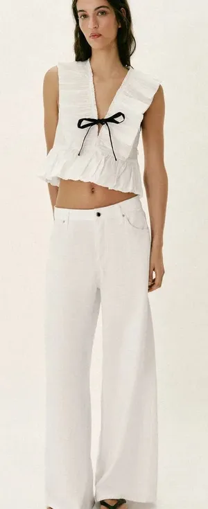Zara White Ruffled Tie-Front Top Black Bow Coquette Size Small thumbnail 1
