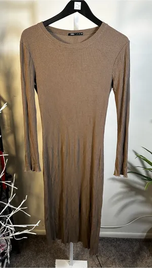 N47. Zara Slim Ribbed Long Sleeve Midi Dress - Taupe thumbnail 1