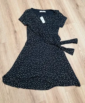 LOFT Womens Polka Dot Faux Wrap Dress Black White Tie Waist Flare XS NWT thumbnail 1