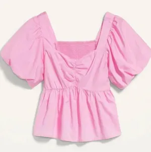 Old Navy Pink Puff Sleeve Ruched Smocked Babydoll Swing Top thumbnail 3