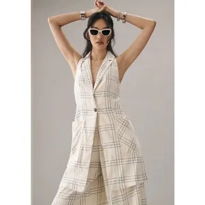 Maeve Anthropologie Long Linen Plaid Duster Vest Ivory Windowpane Academia‎ Sz 4 thumbnail 2