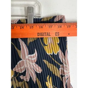 LOFT Pleated Maxi‎ Skirt XL Dusty Blue Yellow Floral Elastic Waist Accordion thumbnail 7
