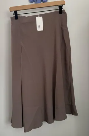 Spanx Small NEW Satin Crepe Asymmetrical Skirt Smoke Beige Tan Office Business thumbnail 1