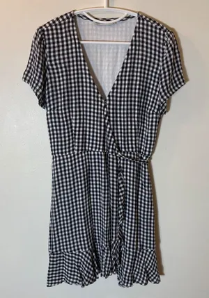 Abercrombie & Fitch Gingham Faux Wrap Mini Dress Womens Size‎ M Navy White thumbnail 1