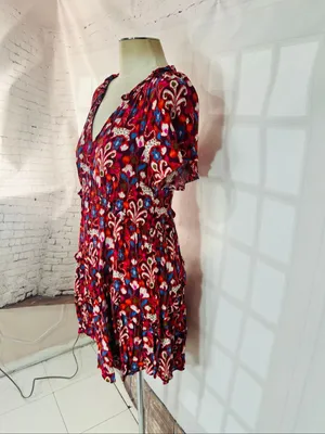 Anthropologie Red Pink Robin Floral Ruffle‎ Tiered V-Neck Mini Dress Size XS thumbnail 5