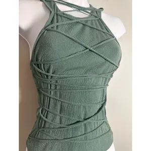 White Fox Without A Trace Top Sage Green‎ Metallic Strappy Halter Y2K Size M thumbnail 3