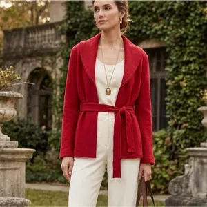 CAbi Red 100% Merino Wool Belted Wrap Cardigan Jacket Sweater Belt M Style 167 thumbnail 2
