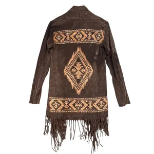 Vocal Women's Brown Aztec‎ Tribal Print Fringe Open Front Cowgirl Cardigan Small thumbnail 3