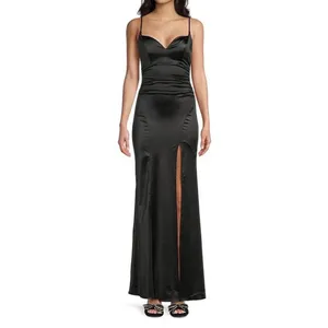 Honey and Rosie Navy Blue Satin Sweetheart Neck Side Slit Maxi Formal Gown Small thumbnail 8