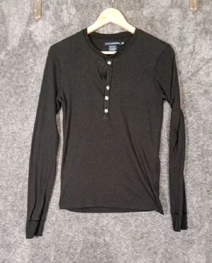 Ralph Lauren Sport Black Ribbed Button Henley Top Speckle Womens Large thumbnail 1