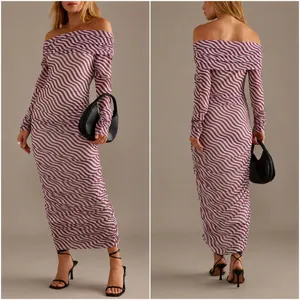 Anthropologie Off-The-Shoulder Mesh Maxi Dress Bodycon Ruched XS Pink White- NEW thumbnail 2