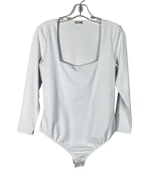 Truth or Square Solid White Fitted Long Sleeve Square Neck Bodysuit thumbnail 2