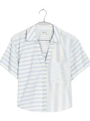 Madewell Cropped Y-Neck Button Up Shirt in Weathered Blue Mixed Stripe Size XS thumbnail 2