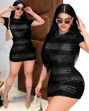 SHEIN SXY Short Sleeve Round Neck Letter Print Bodycon Midi Dress, Sexy for Summer thumbnail 3
