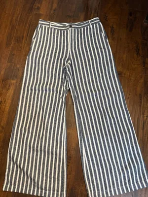 Madewell Zoe Relaxed Wide Pants Linen Blend in Navy White Stripe Size 6 thumbnail 3