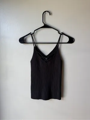 American Eagle Black Ribbed Strappy V-Neck Tank Top Size Small thumbnail 2