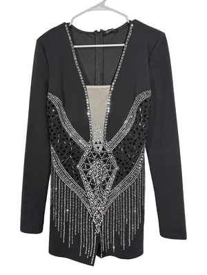 NWOT BANJUL Rhinestone Black Romper Mesh‎ Plunge V Long Sleeve - Large thumbnail 1
