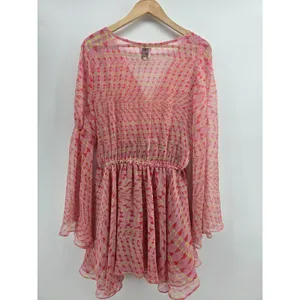 MISA Mini Dress Womens L Anita Pink Geometric Tie Waist V-Neck Bell Sleeve EUC thumbnail 3