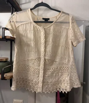 Let Me Be for Anthropologie Cream Lace & Pleated Short-Sleeve Top thumbnail 1