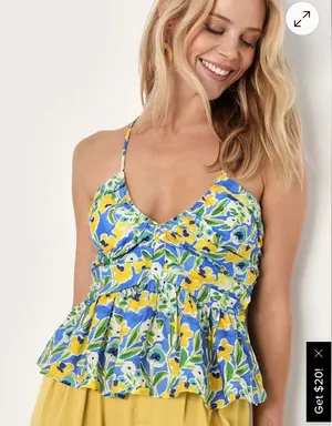 Lulus Artful Allure Blue Multi Floral Sleeveless Peplum Cami Top Medium thumbnail 1