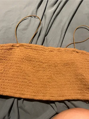 Anthropologie Maeve Smocked Spaghetti Strap Crop Top in Camel thumbnail 3