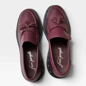 Free People Women Burgundy Leather Studded Tassel Platform Lug Sole Loafers 10 thumbnail 8