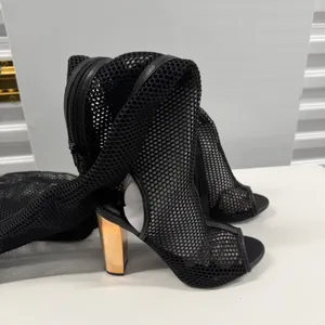 Bamboo Black Fishnet Mesh Thigh High Boots Rose Gold Block Heel Open Toe Size 8 thumbnail 4