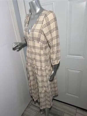 Marine Layer Maeve Maxi Dress NWOT Small Cream Windowpane Plaid Tiered V-Neck thumbnail 6