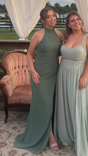 azazie jemma chiffon dress in eucalpytus thumbnail 1