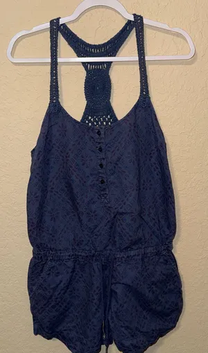 Free People Navy Crochet-Back Romper thumbnail 1