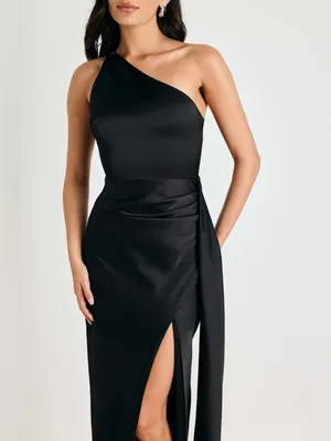 Lulus Signature Elegance Black Satin One-Shoulder Maxi Dress Size Large NWT thumbnail 2
