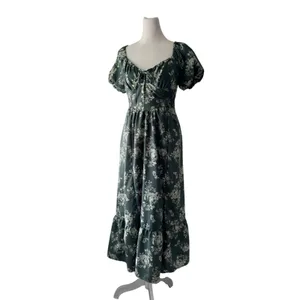 Hint of Blush Green Floral Print Smocked Waist Puff Sleeve Maxi Dress thumbnail 2