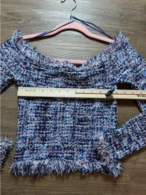 ZARA Off-The-Shoulder Tweed Top Blue thumbnail 4