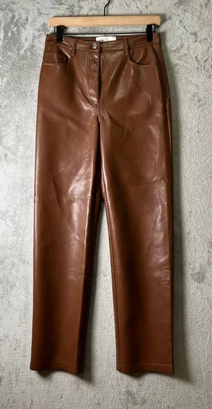 WILFRED ARITZIA The Melina Pant High Waisted Vegan Leather Cognac Brown Size 6 thumbnail 1